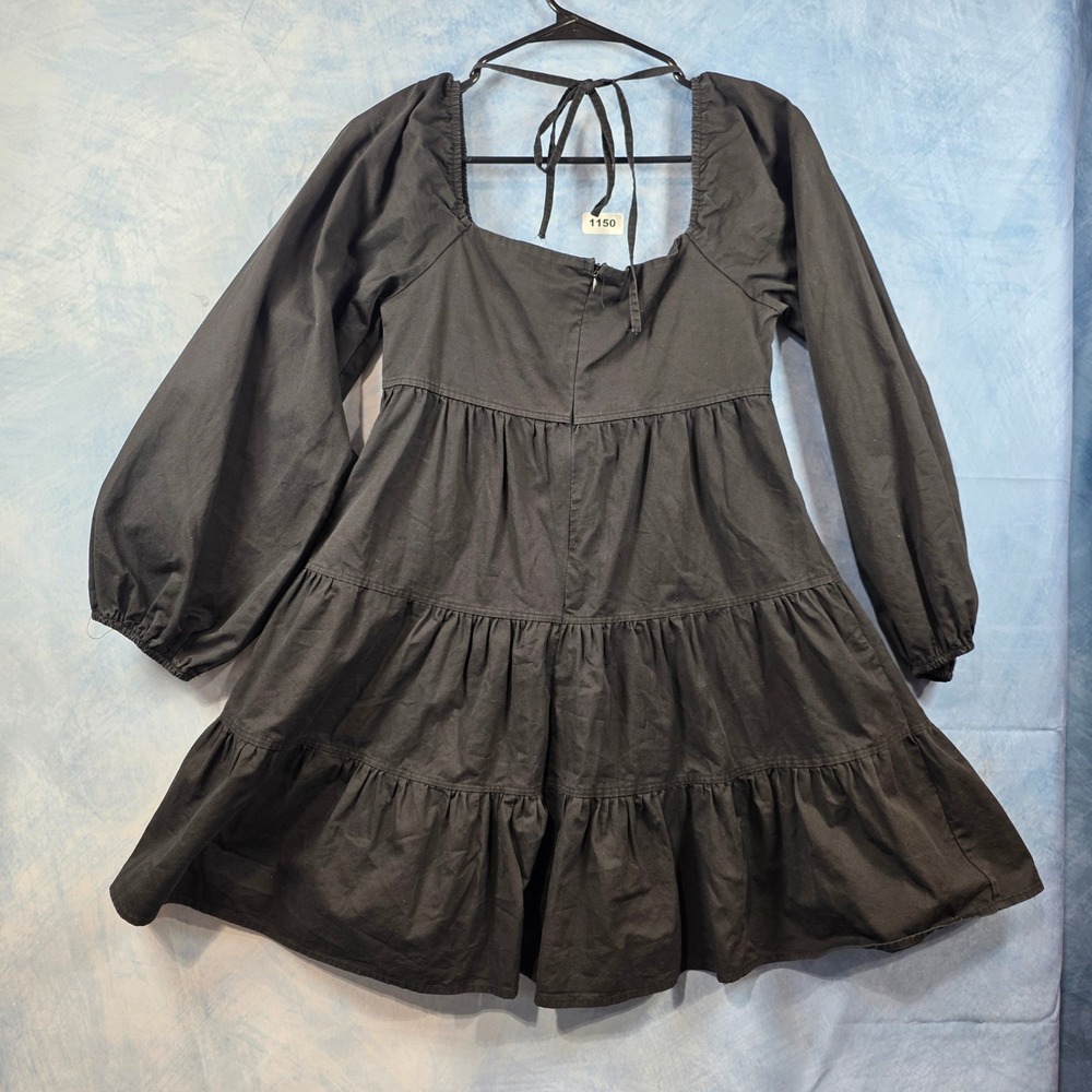 Hyfve Womens‎ Black Tiered Mini Dress Long Balloon Sleeve Square Neck Babydoll M - Picture 5 of 6